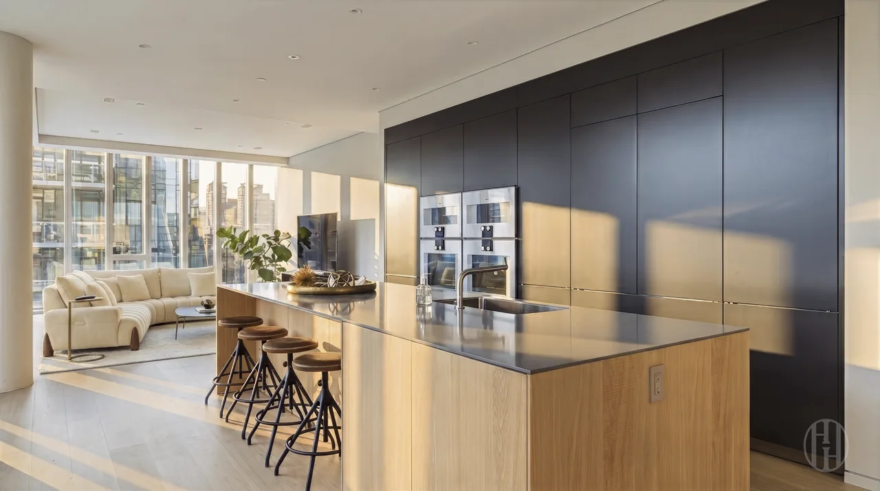 Kitchen island and open living room at 515 West 29th Street, Residence 9