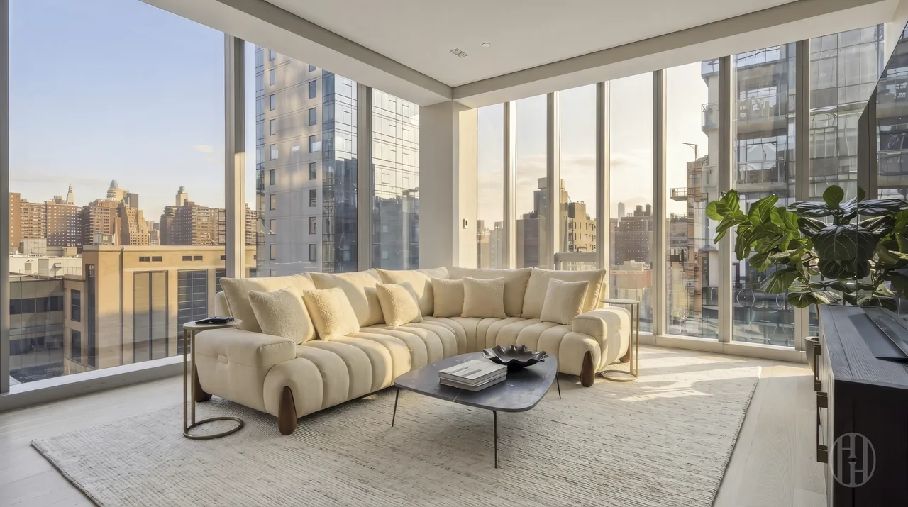Corner living room and skyline views at 515 West 29th Street, Residence 9