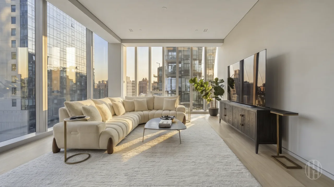 Living room with curved sofa at 515 West 29th Street, Residence 9