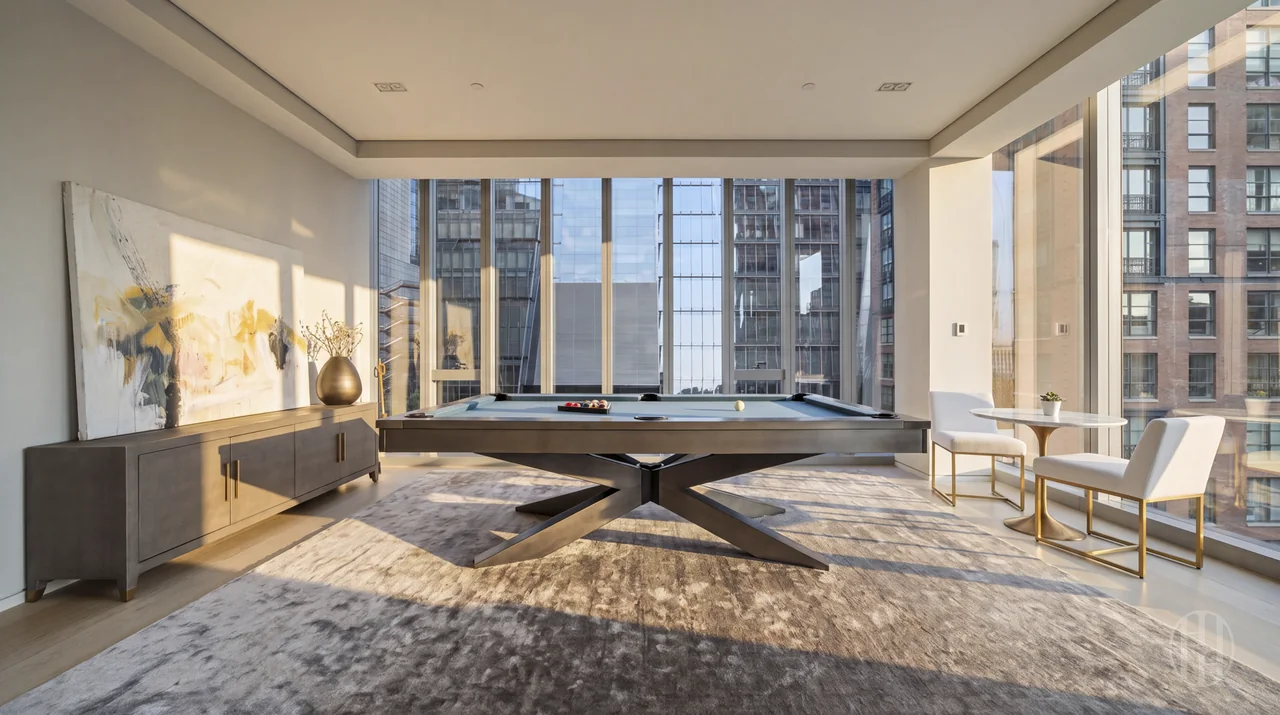 Open entertaining space with billiards table at 515 West 29th Street, Residence 9