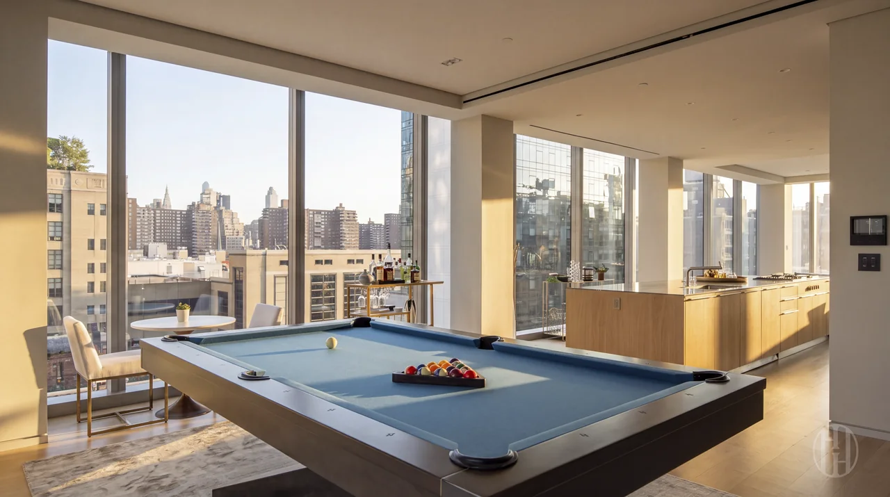 Billiards table beside corner windows at 515 West 29th Street, Residence 9