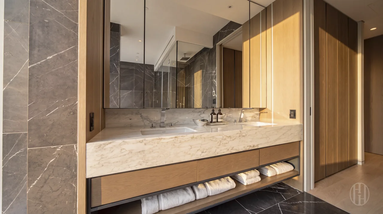 Marble bathroom vanity at 515 West 29th Street, Residence 9
