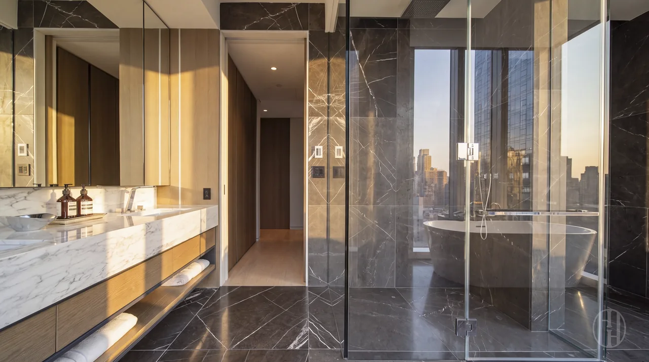 Primary bathroom and vanity at 515 West 29th Street, Residence 9