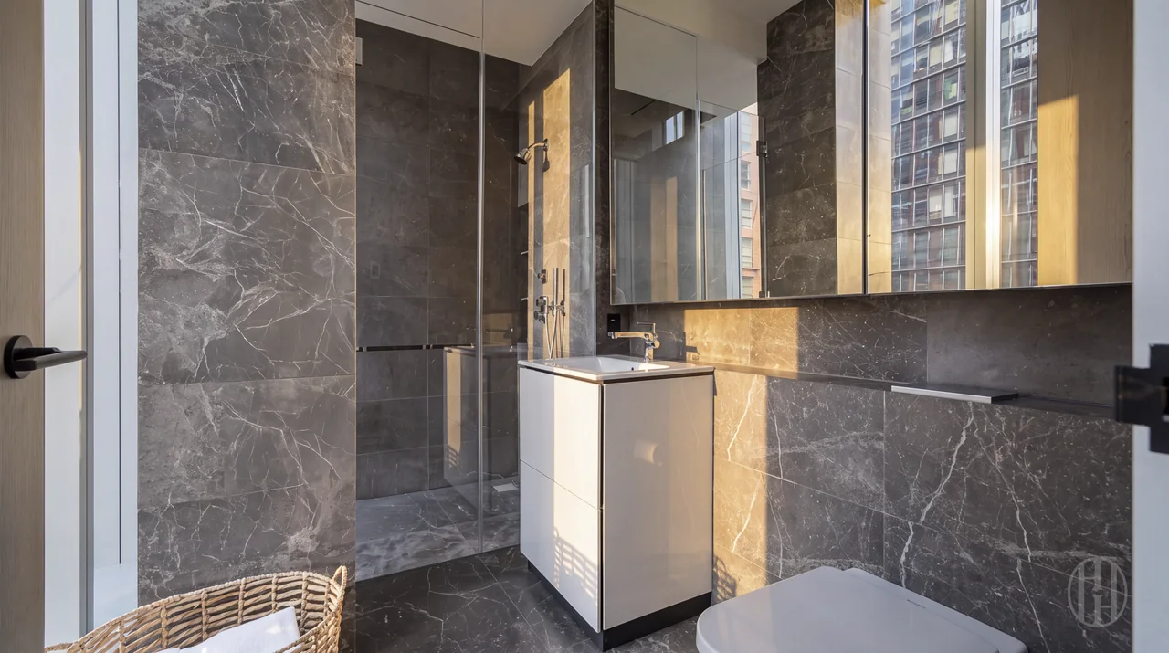 Bathroom with marble walls at 515 West 29th Street, Residence 9